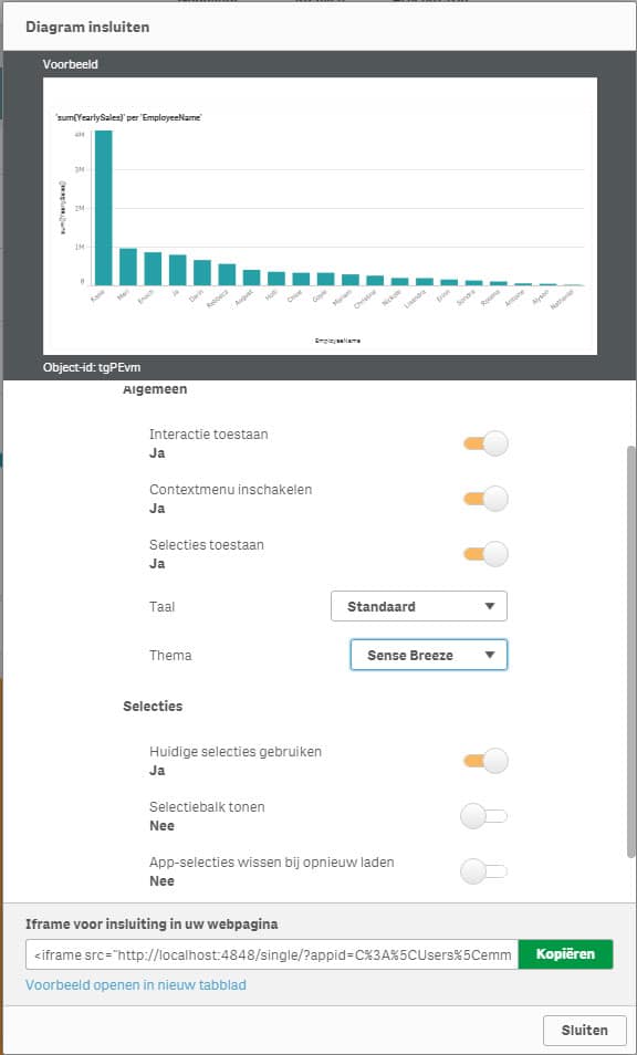 Embed opties voor interactie, selecties, thema en selectiebalk