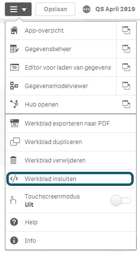 Werkblad insluiten via het hoofdmenu